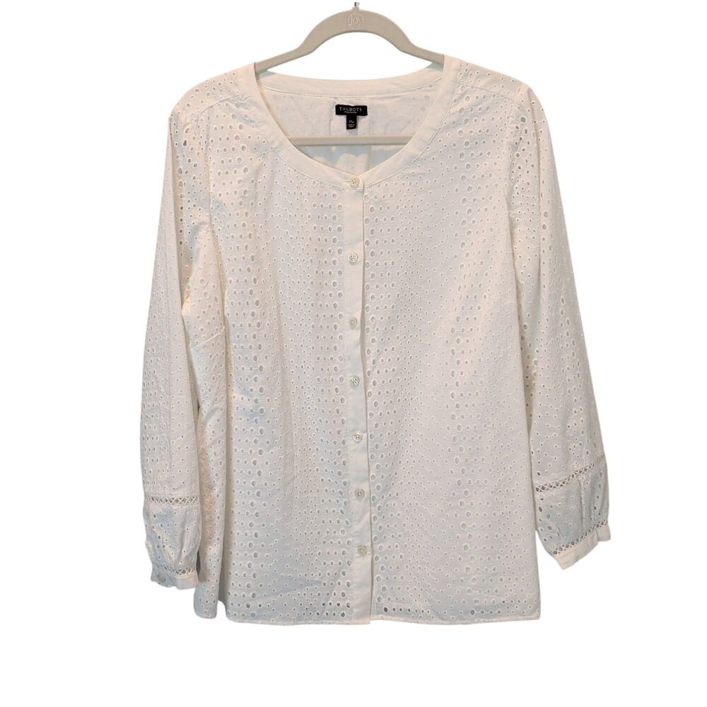Talbots Women's Sz 1X Petite White Eyelet Lace Button Up Shirt Collarless Cotton